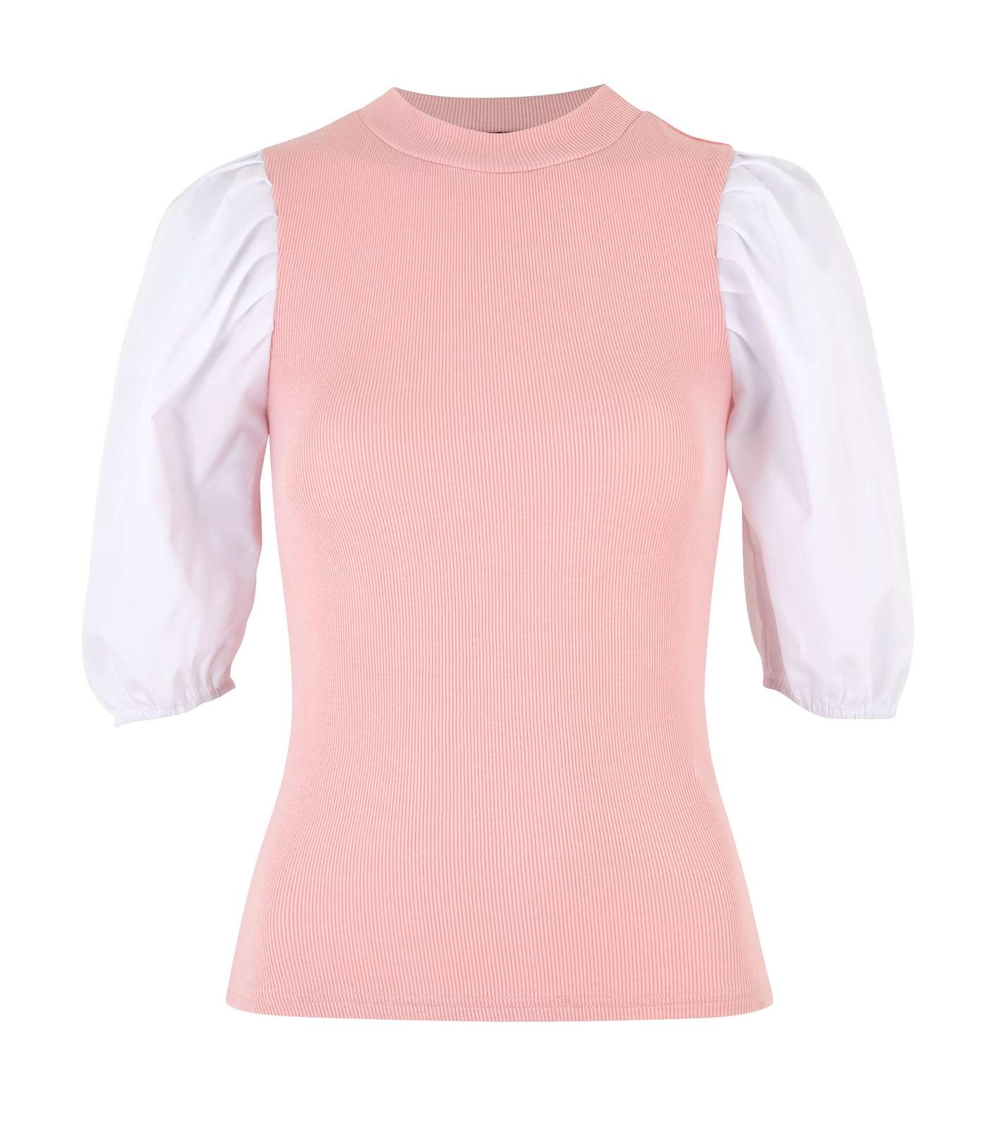 Pink Poplin Puff Sleeve Ribbed T-Shirt