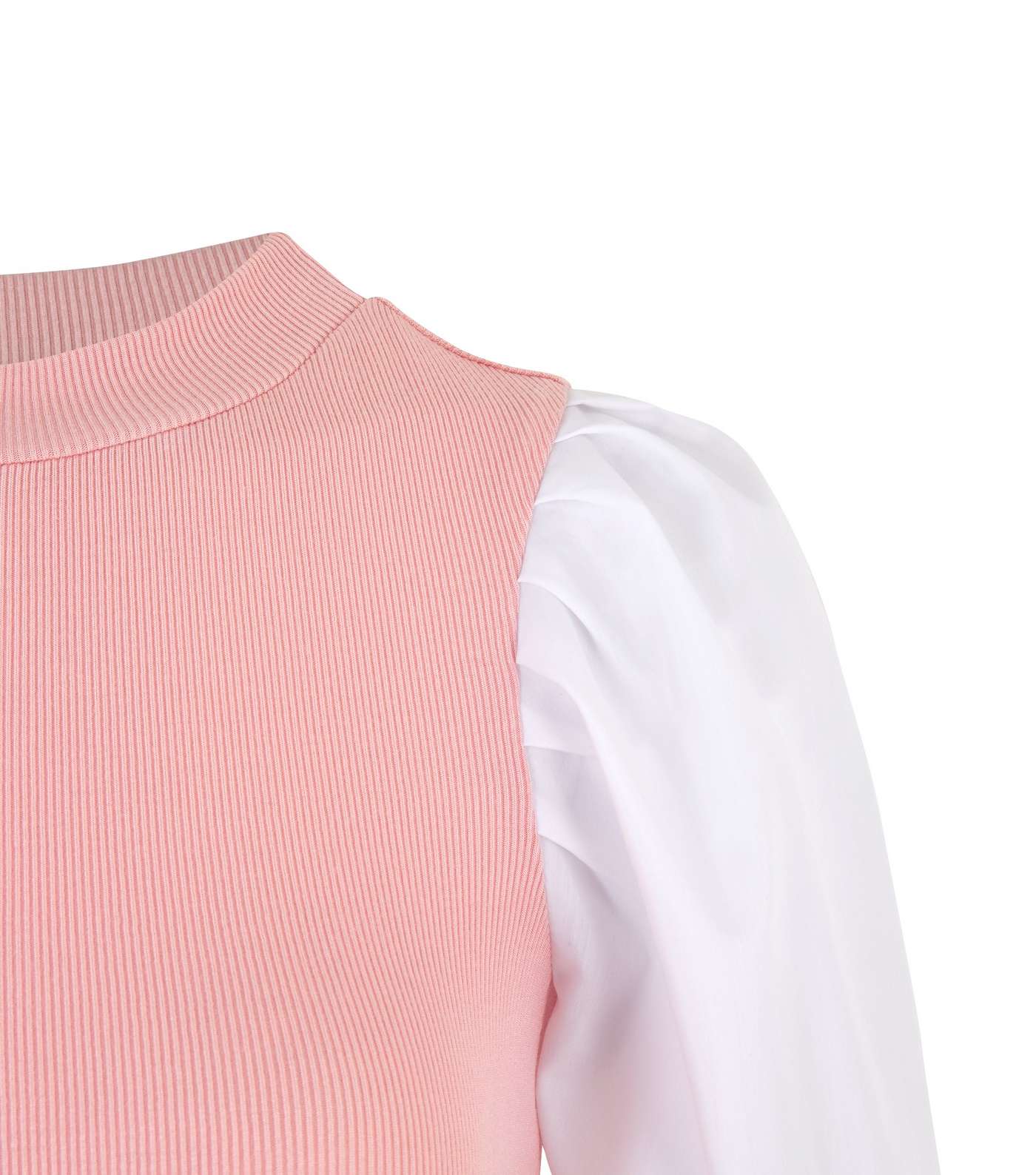 Pink Poplin Puff Sleeve Ribbed T-Shirt Image 3