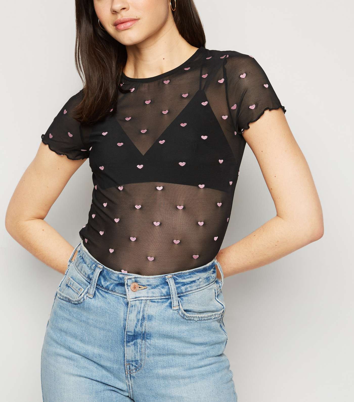 Black Heart Embroidered Mesh Top