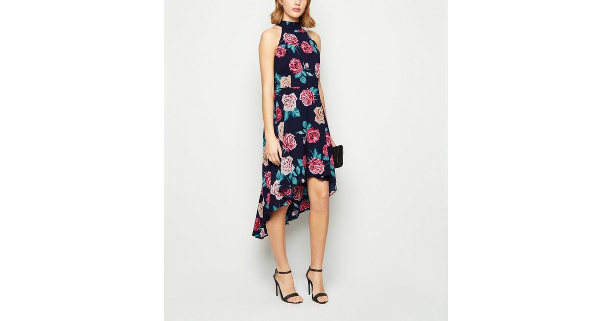 Mela Navy Floral High Neck Dip Hem Dress New Look 7221