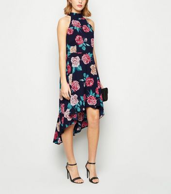 Mela Navy Floral High Neck Dip Hem 