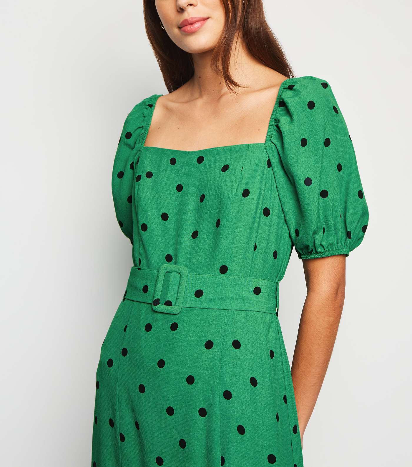Green Spot Square Neck Belted Midi Dress Image 3