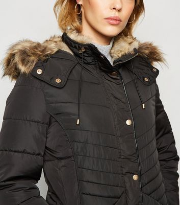 Black fitted coat with fur hood on sale