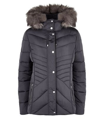 Dark grey faux fur 2024 hood fitted puffer jacket