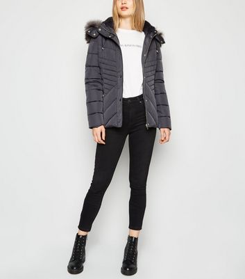 Dark grey faux fur hood fitted puffer jacket sale