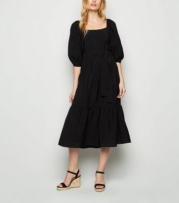 Black Puff Sleeve Tiered Midi Dress | New Look