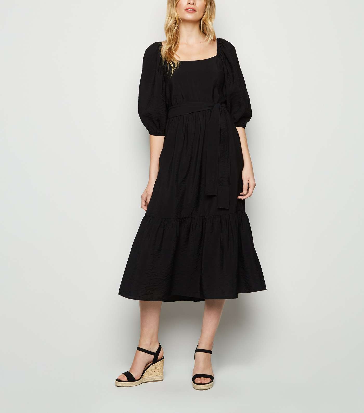 Black Puff Sleeve Tiered Midi Dress