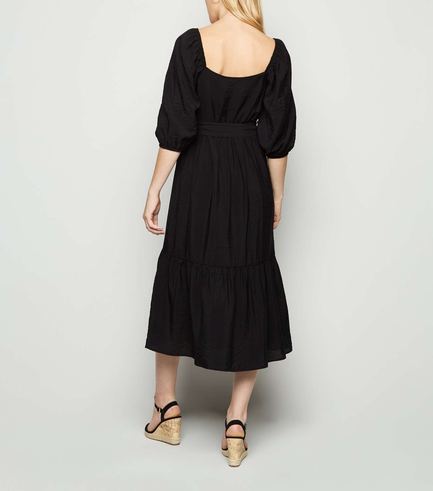 Black Puff Sleeve Tiered Midi Dress Image 3