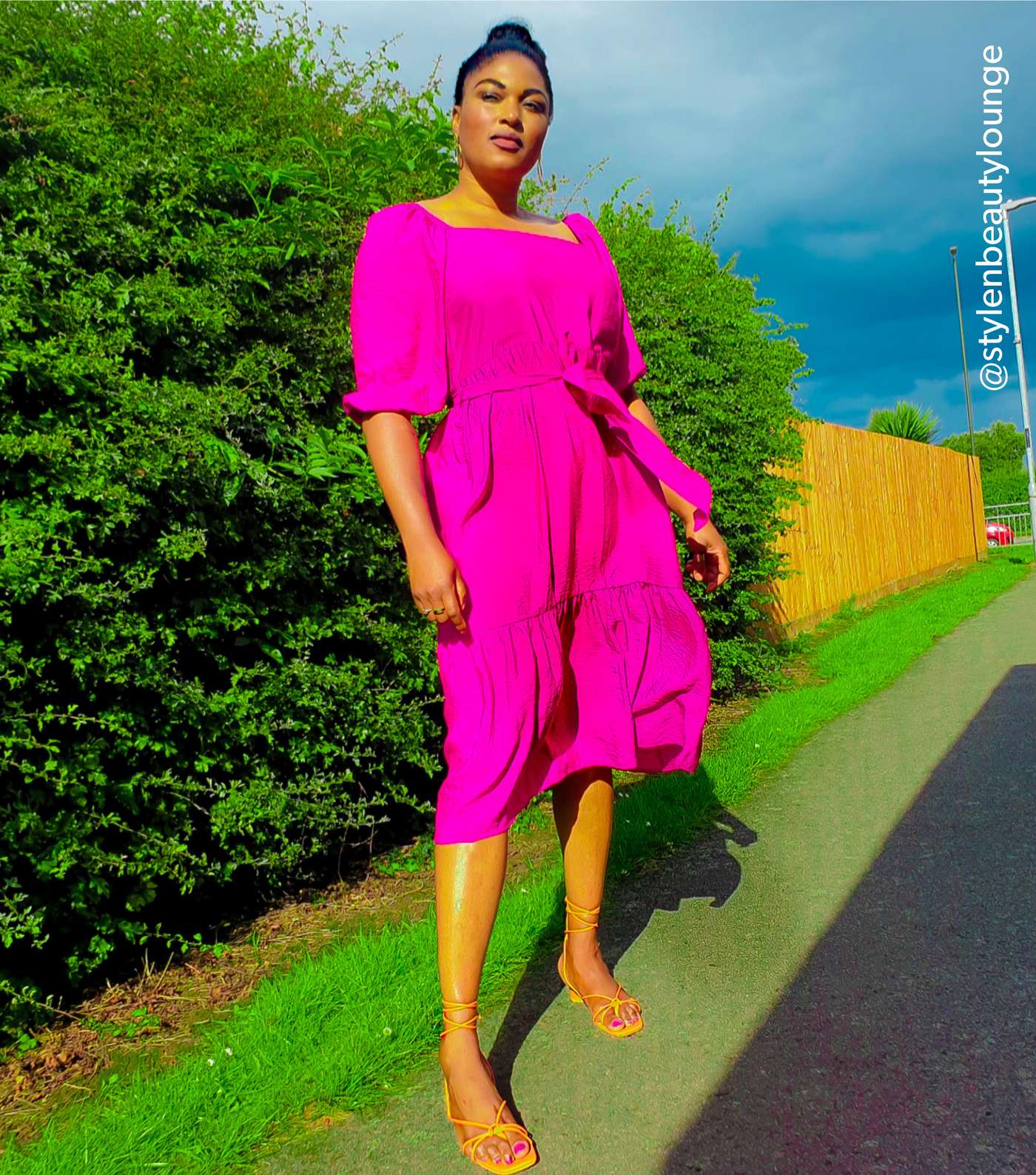 Bright Pink Puff Sleeve Tiered Midi Dress