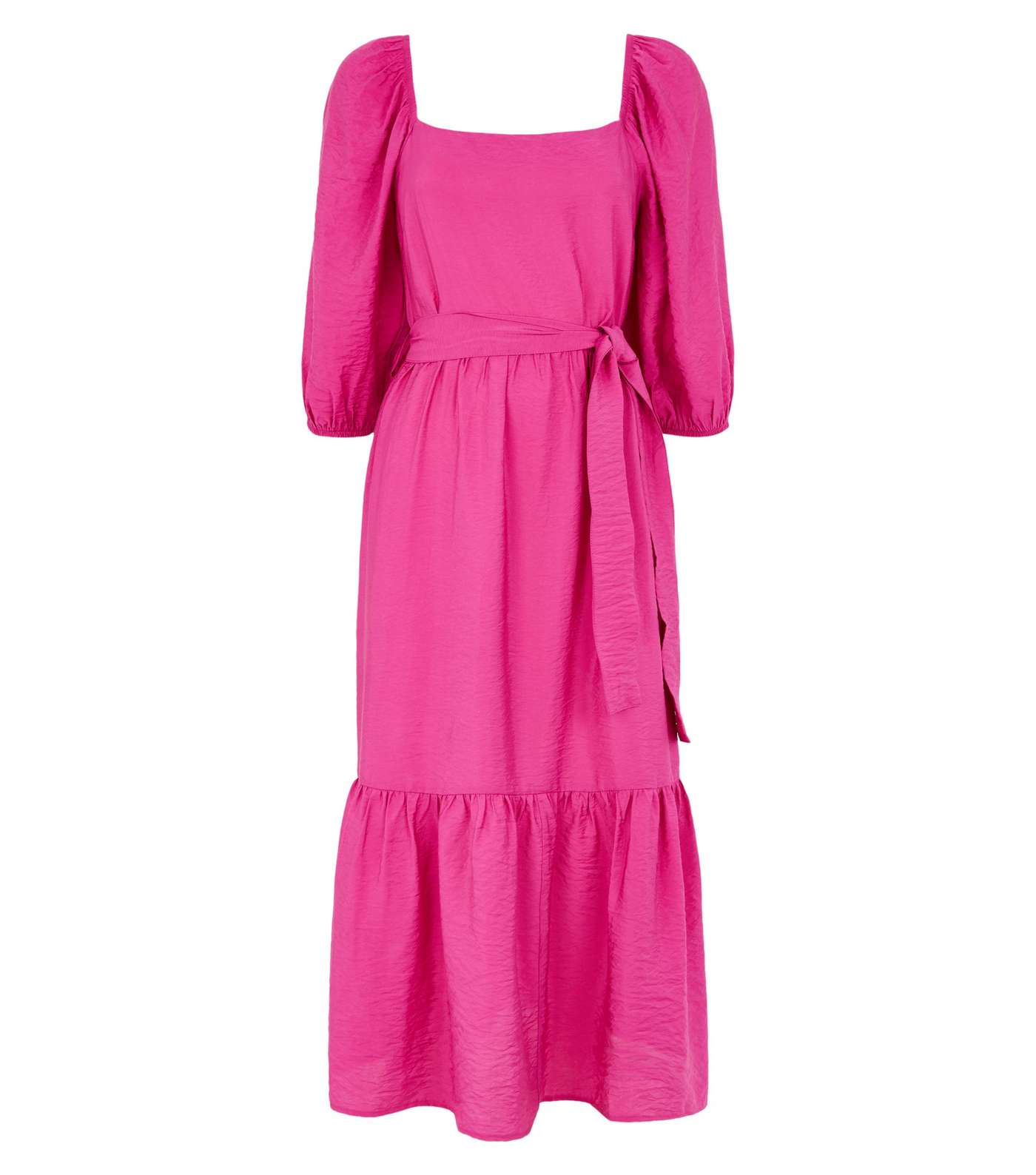 Bright Pink Puff Sleeve Tiered Midi Dress Image 5