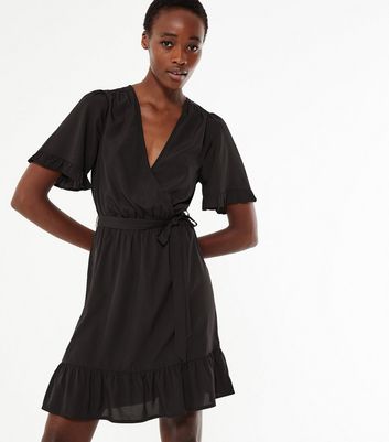 Tall Black Frill Tie Waist Wrap Dress New Look