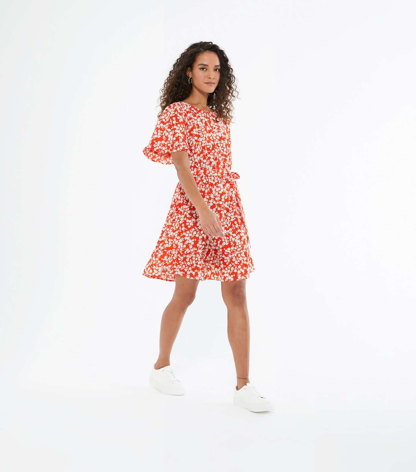 Petite Red Floral Ruffle Belted Dress