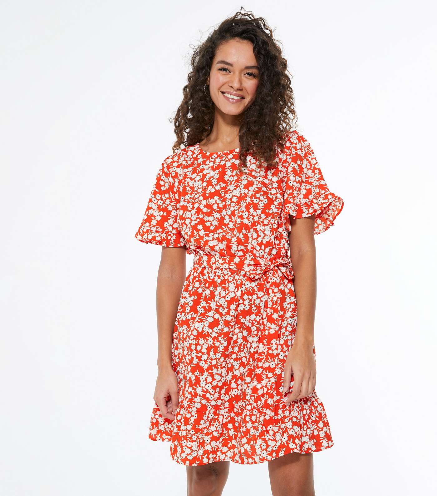 Petite Red Floral Ruffle Belted Dress Image 3