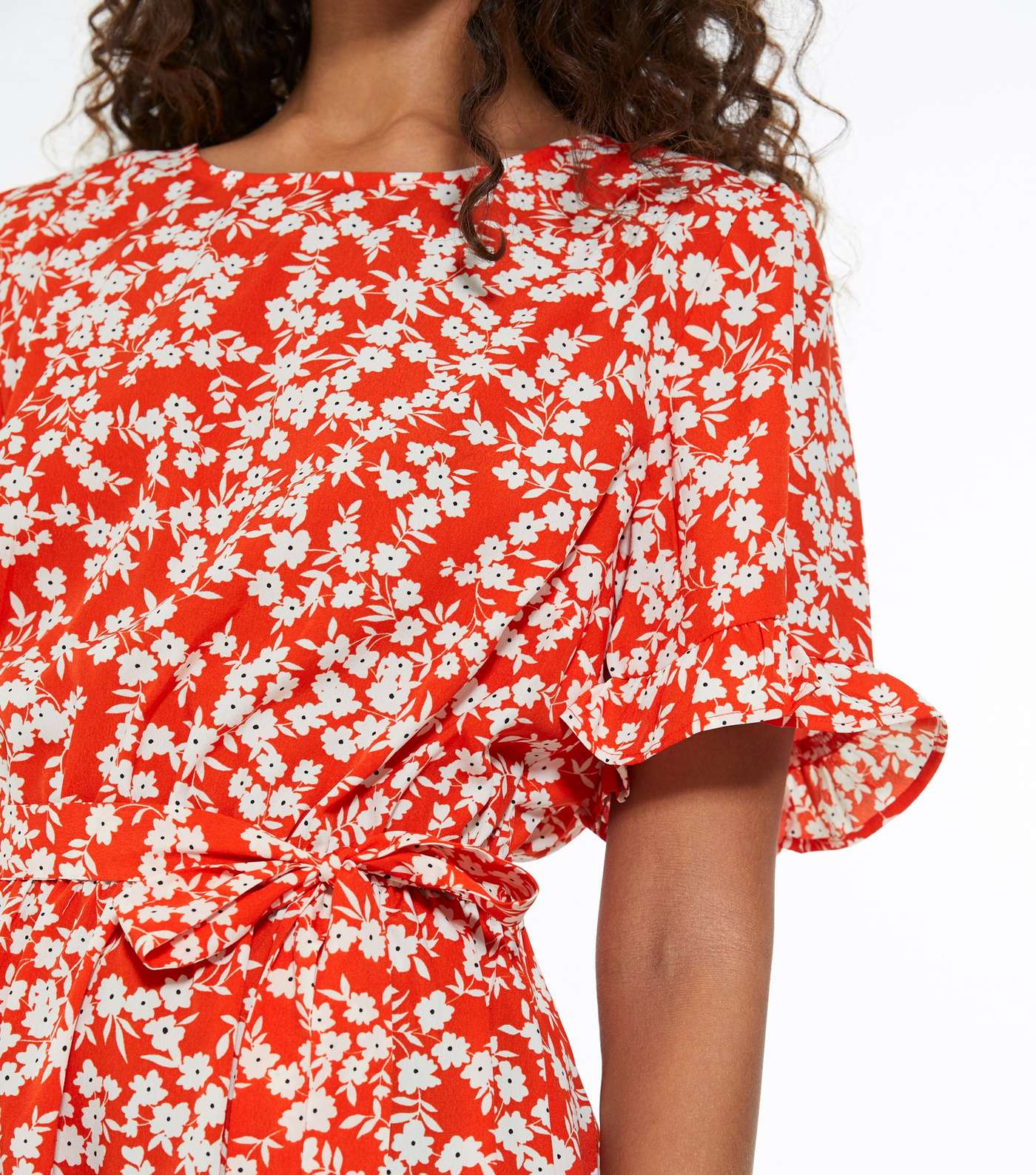 Petite Red Floral Ruffle Belted Dress Image 5
