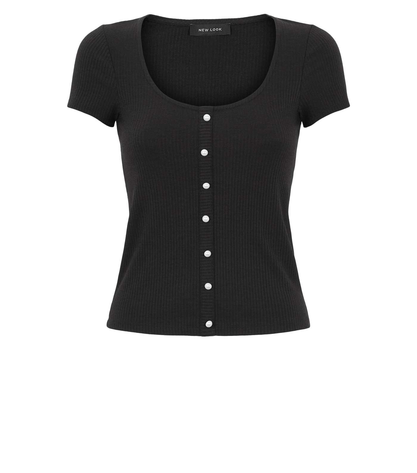 Black Faux Pearl Button Ribbed Top Image 4