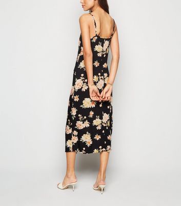 Black Floral Strappy Slip Midi Dress 