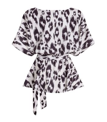Image of Curves Black Leopard Print Tie Peplum Top New Look