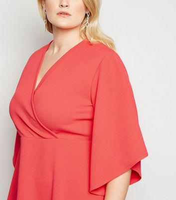 Curvy Coral Flutter Sleeve Wrap Dress 