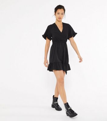 Black Frill Sleeve Mini Wrap Dress New Look