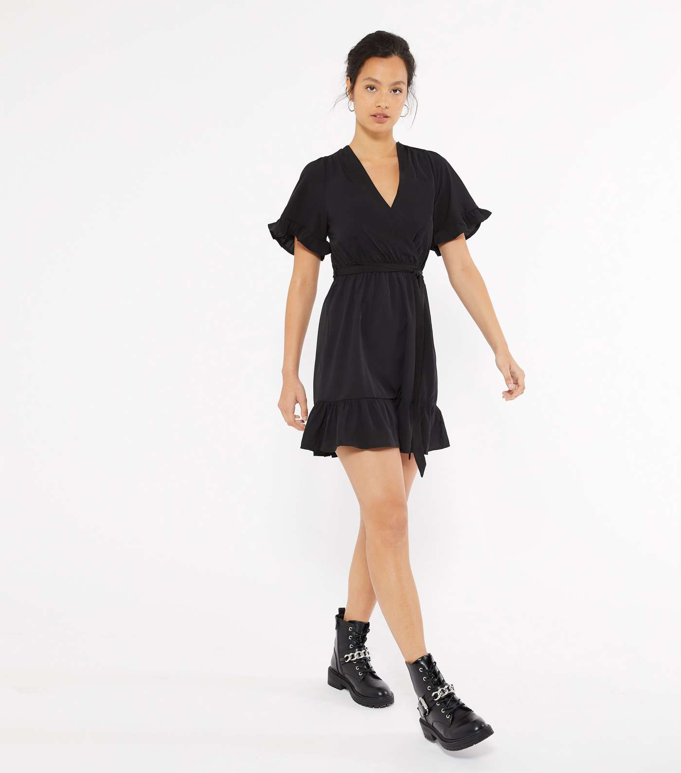 Black Frill Sleeve Mini Wrap Dress