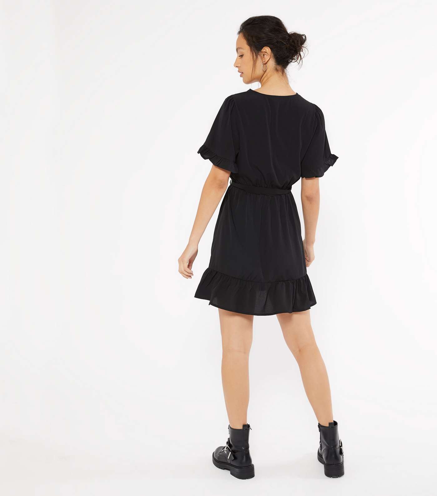 Black Frill Sleeve Mini Wrap Dress Image 3