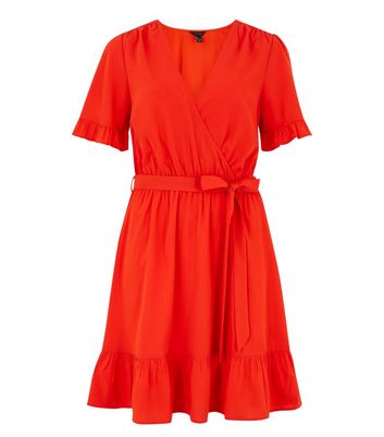 Bright Orange Frill Sleeve Mini Wrap Dress | New Look