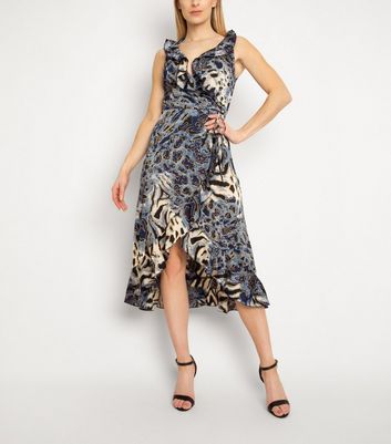 Image of Gini London Blue Animal Print Ruffle Dress New Look