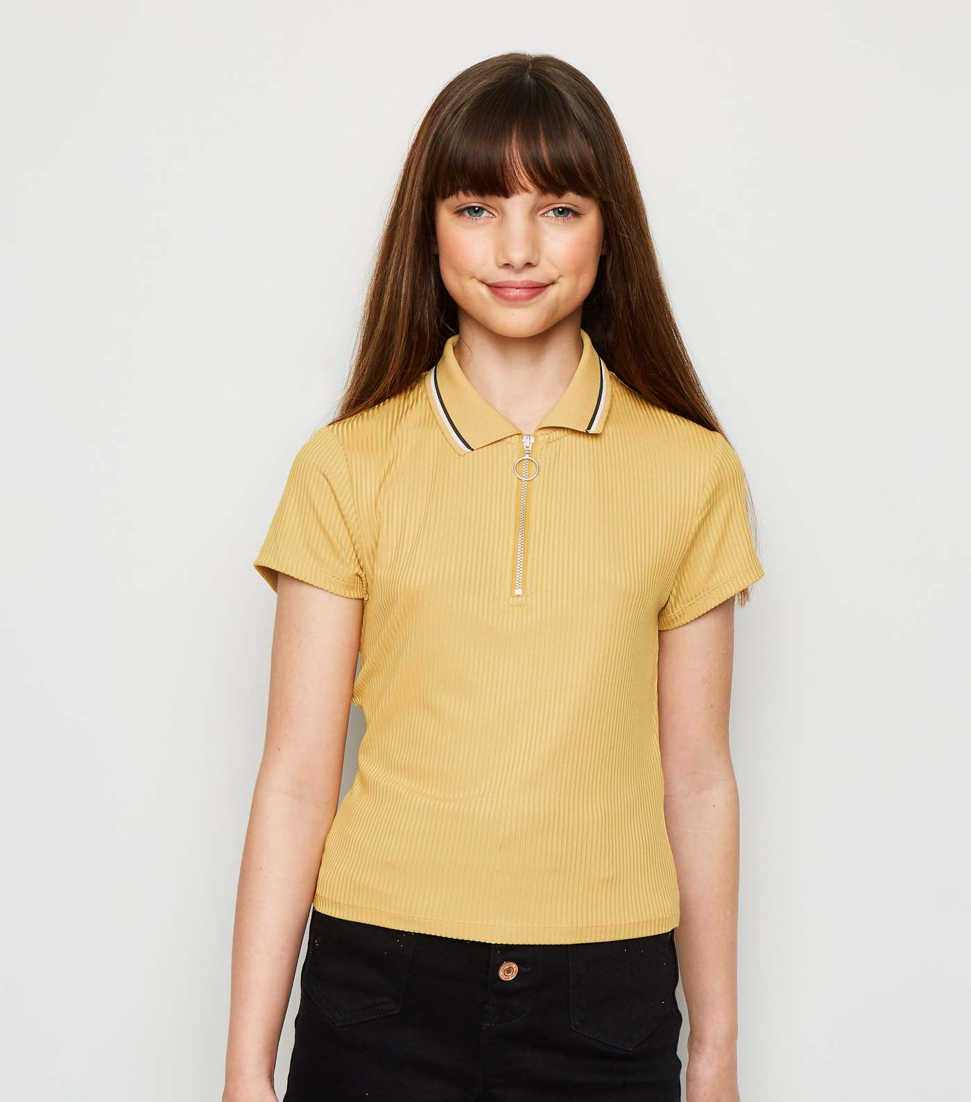 Girls Mustard Ribbed Zip Front Polo Shirt