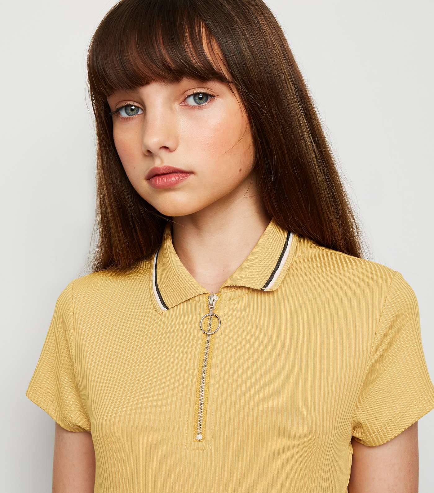Girls Mustard Ribbed Zip Front Polo Shirt Image 5
