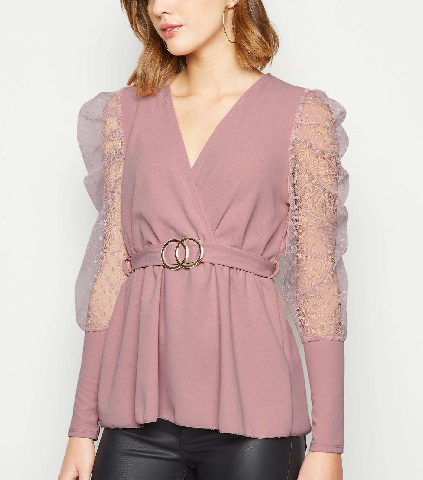 Cameo Rose Pale Pink Spot Mesh Sleeve Belted Top