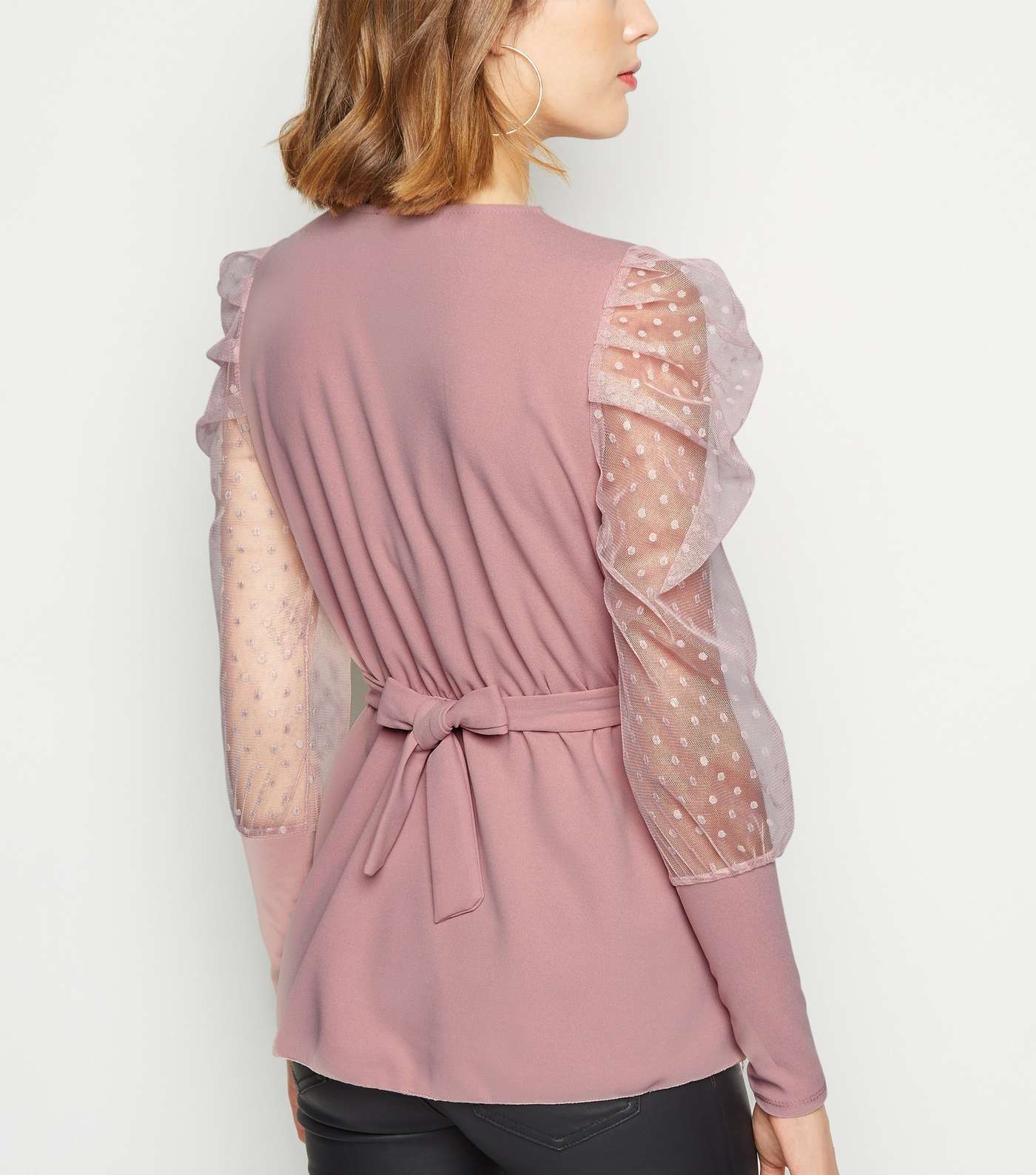 Cameo Rose Pale Pink Spot Mesh Sleeve Belted Top Image 3