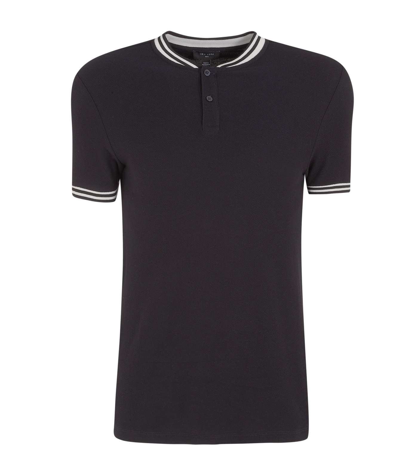Black Piqué Stripe Trim Collarless Polo Shirt
