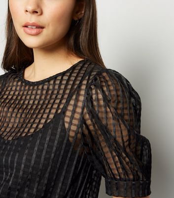 Image of Black Grid Check Mesh Peplum Top New Look