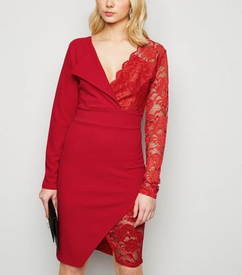 Image of Miss Figa Red Asymmetric Lace Wrap Dress New Look