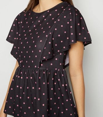 Image of Black Spot Print Frill Trim Peplum Top New Look