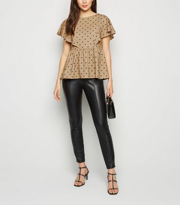 Image of Brown Spot Print Frill Trim Peplum Top New Look