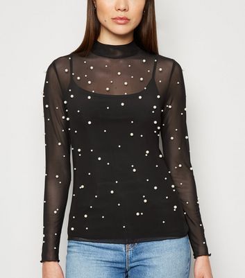 Image of Black Faux Pearl Embellished Mesh Top New Look