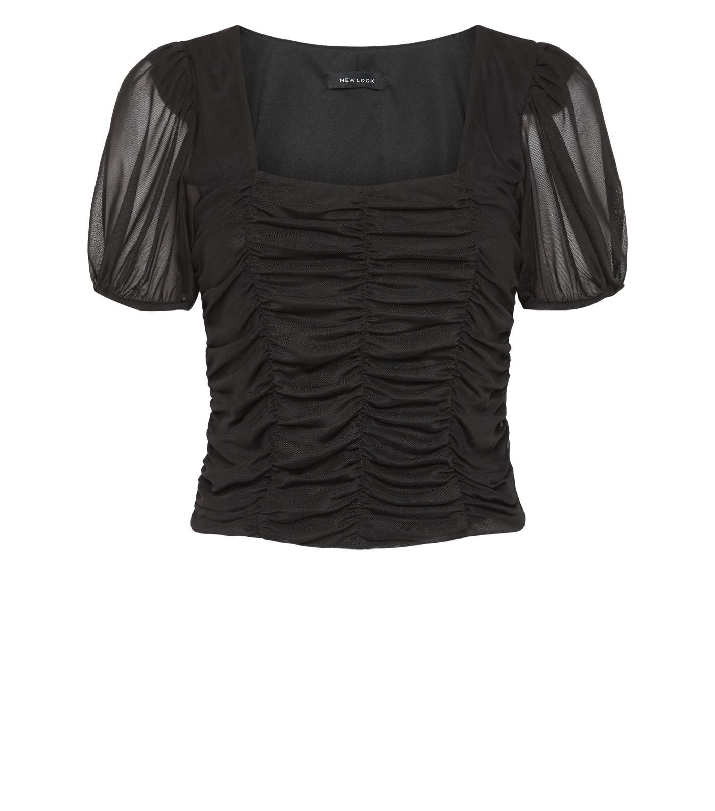 Black Mesh Ruched Square Neck Top Image 4