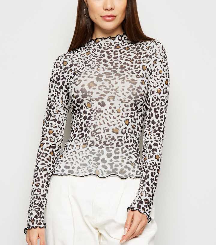 White Animal Print Mesh Trim Top