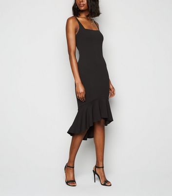 Image of Black Square Neck Ruffle Dip Hem Midi Dress New Look