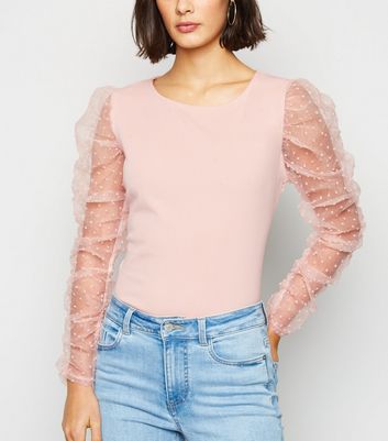 Image of Cameo Rose Pale Pink Spot Mesh Puff Sleeve Top New Look