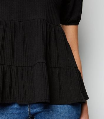 Image of Black Ribbed Double Peplum Top New Look