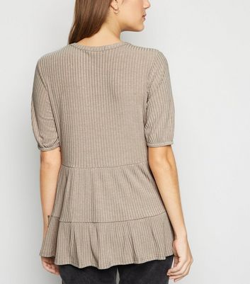 Image of Mink Ribbed Double Peplum Top New Look