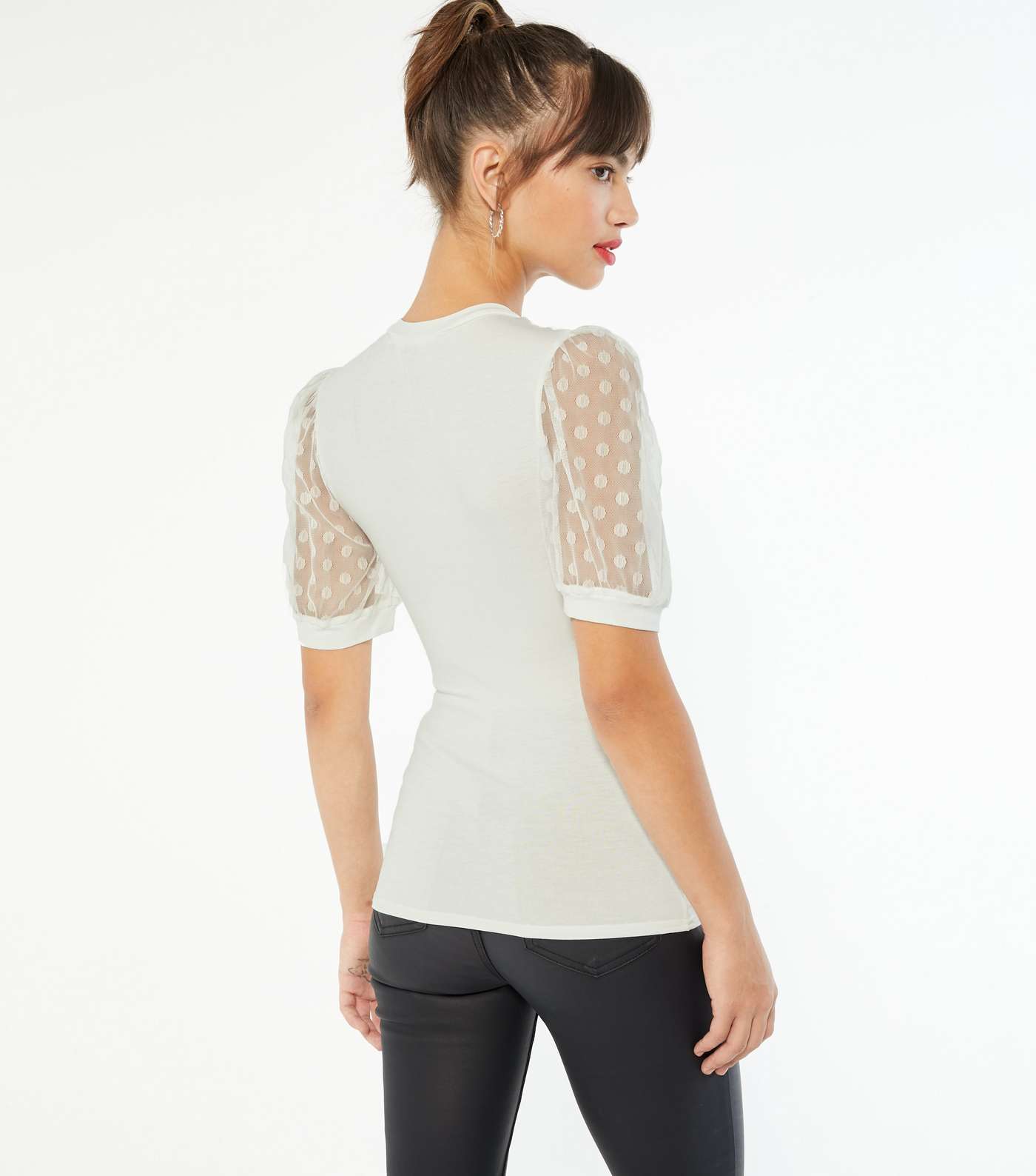 Off White Spot Mesh Puff Sleeve Top Image 3