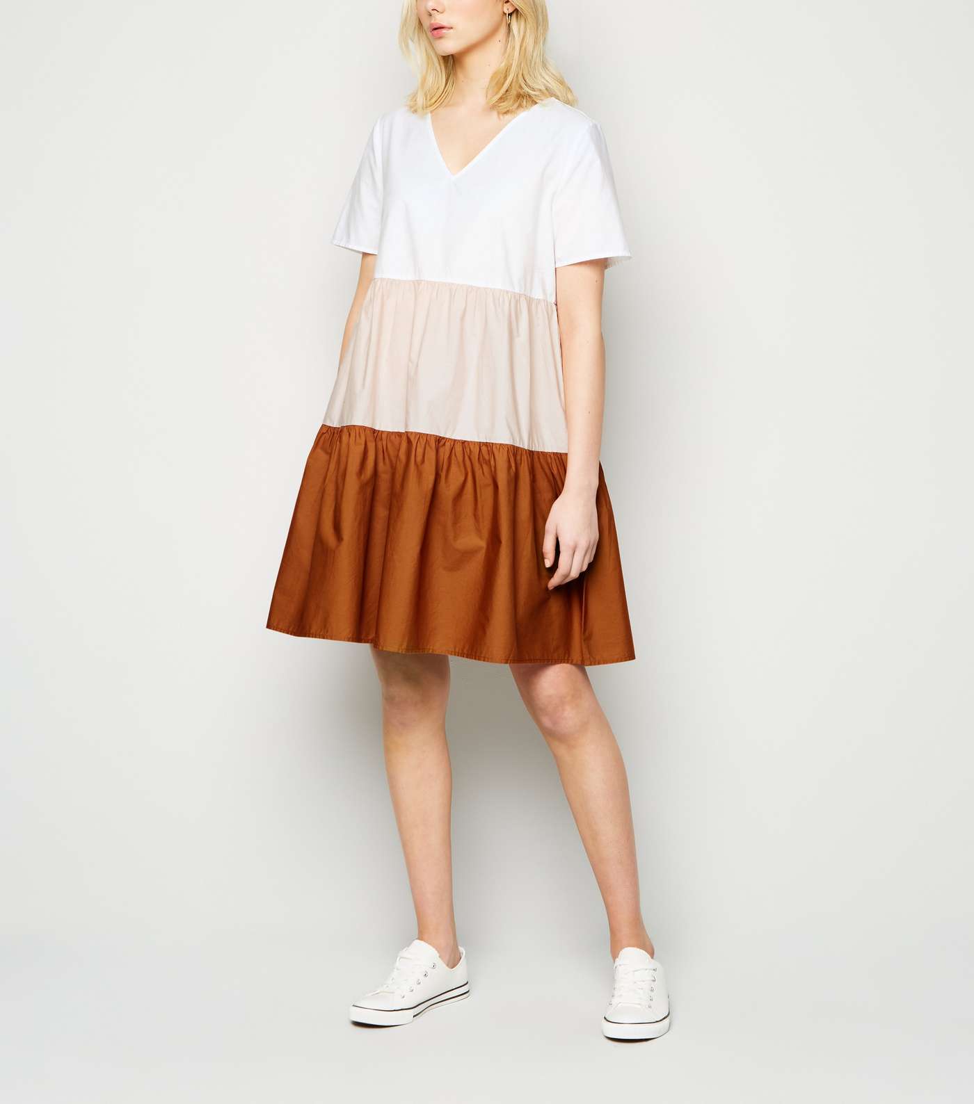JDY White Colour Block Tiered Smock Dress Image 2