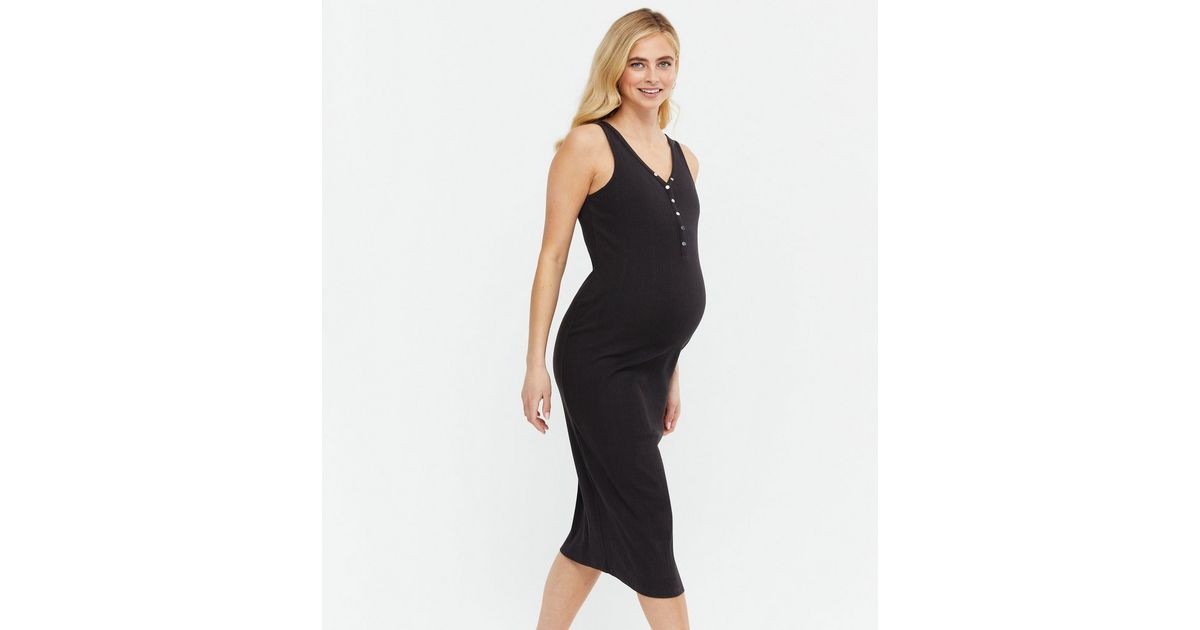 Maternity Black Ribbed Midi Bodycon Dress New Look