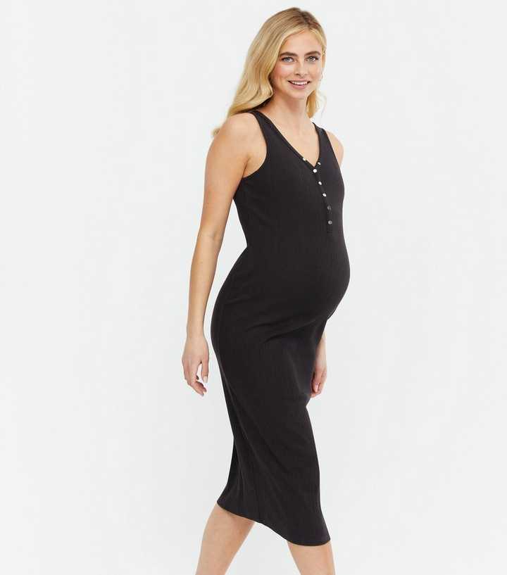 Maternity Black Ribbed Midi Bodycon Dress