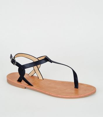 Black Leather-Look Toe Post Sandals 