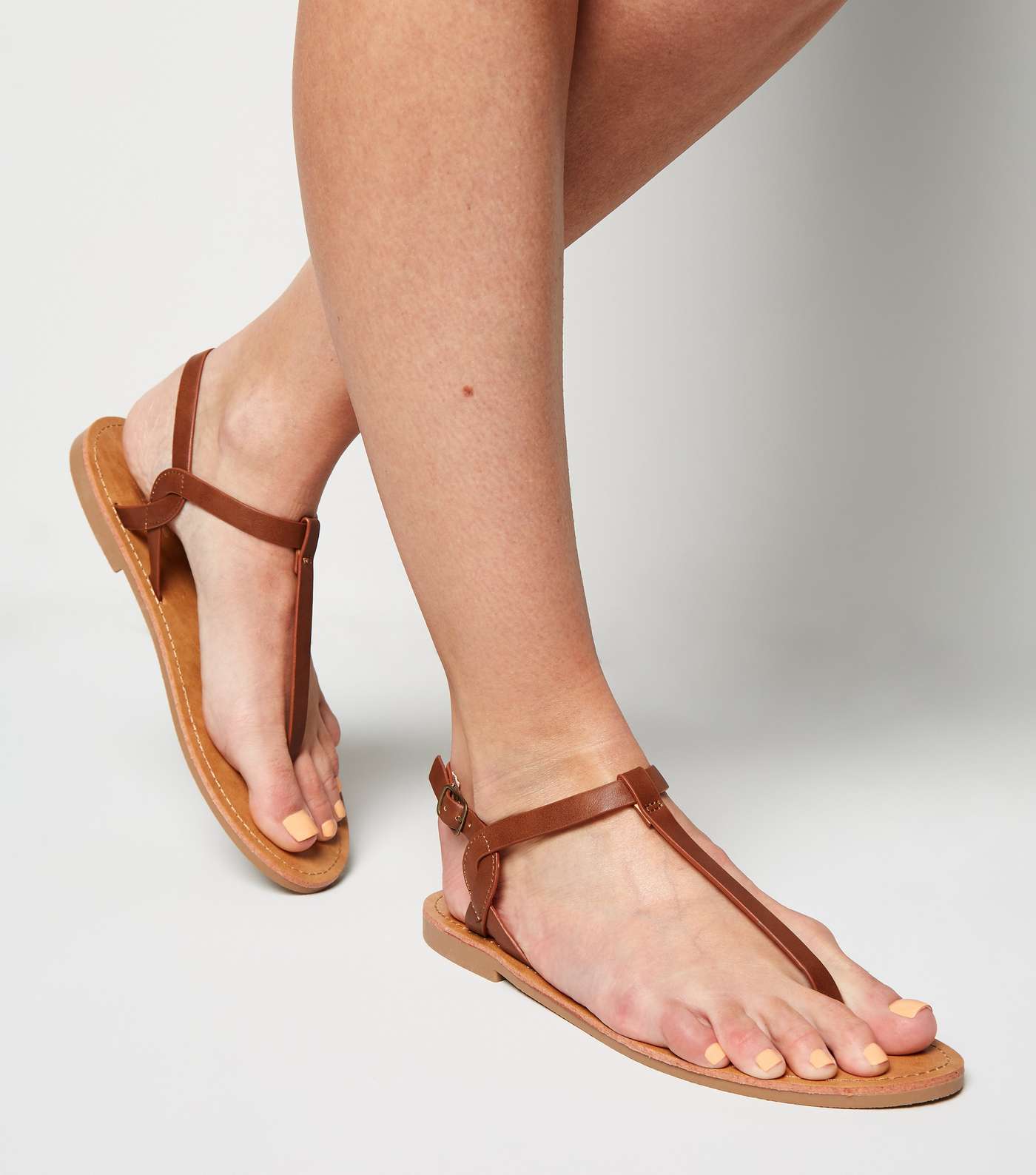 Tan Leather-Look Toe Post Sandals Image 2