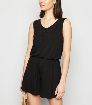 JDY Black Crochet Embroidered Jersey Playsuit New Look